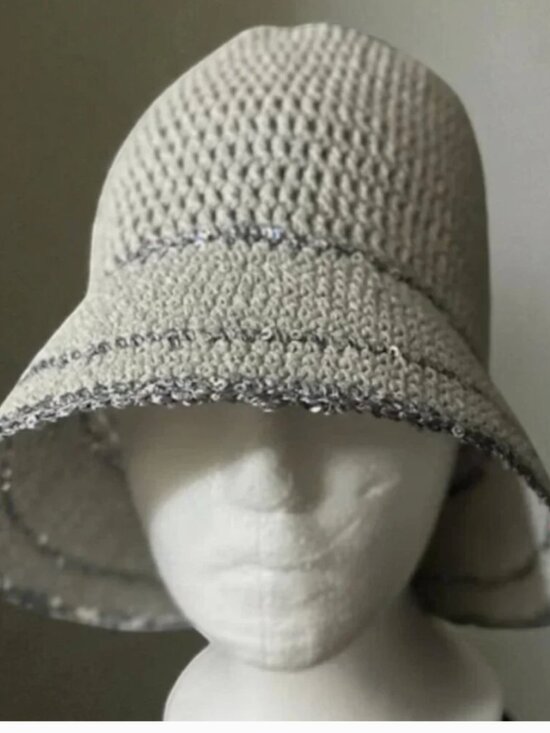 Crochet Bucket Hat Gray Sequin Trim Knit Cloche Summer Boho Chic One Size main image 6